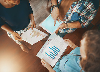 Image showing Above, graphs or hands of business people with tablet planning a project with charts or data research. Teamwork, finance paperwork or financial accountants documents in meeting for a digital strategy