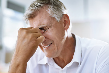 Image showing Pain, headache and senior businessman in the office with a corporate mistake or company crisis. Exhausted, burnout and sick professional mature male manager with a stress migraine in workplace.