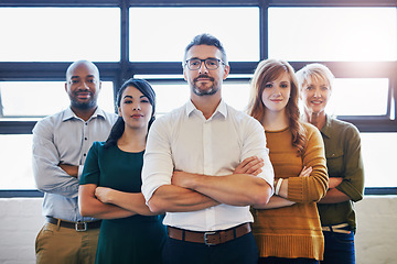 Image showing Teamwork, crossed arms and portrait of business people in the office for unity, collaboration or partnership. Professional, diversity and team with success, support and leadership in the workplace.