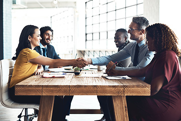 Image showing Business people, handshake and staff deal in meeting with agreement and contract collaboration. Partnership, success and b2b work with shaking hands to welcome and show congratulations from teamwork