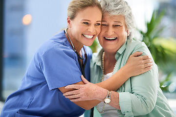 Image showing Nurse laugh, senior woman and hug of caregiver and happy smile with support and care in hospital. Wellness, women and healthcare employee help with elderly female patient with love in a clinic