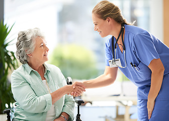 Image showing Handshake, nurse and elderly woman in wheelchair with medical results and surgery success news. Hospital, healthcare and clinic with women and nursing staff with care and support of senior person