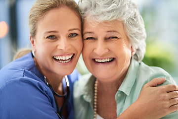 Image showing Nurse, senior woman portrait and hug of caregiver and happy smile with support and care in hospital. Nursing home, women face and healthcare help with elderly female patient with love in a clinic