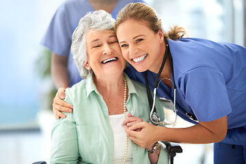 Image showing Nurse, senior woman and hug of caregiver and happy smile with support and care in hospital. Wheelchair, women and healthcare employee help with elderly female patient with love in a health clinic