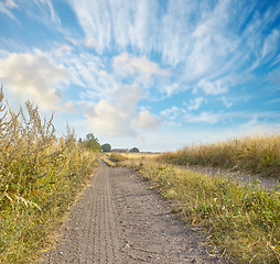 Image showing Dirt, road and countryside with travel, green and nature with landscape, destination and outdoor. Blue sky, land and drive way with path through grass, journey and traveling view with environment