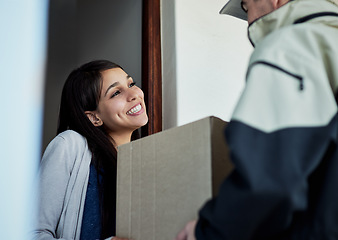 Image showing Customer, woman and courier with a box, delivery or happiness with shipping, supply chain or distribution. Female person, client or employee with package, parcel or receive order with smile and home