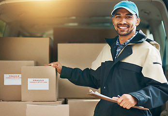 Image showing Box, delivery and shipping with portrait of man for courier, logistics and supplier. Ecommerce, export and distribution service with male postman and checklist for mail, package and cargo shipment