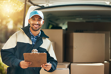 Image showing Happy, delivery and checklist with portrait of man for courier, logistics and shipping. Ecommerce, export and distribution service with male postman by van for mail, package and cargo shipment