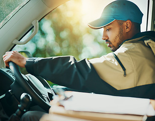 Image showing Driving, delivery and box with man in van for courier, logistics and shipping. Ecommerce, export and distribution service with male postman in vehicle for mail, package and cargo shipment