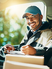 Image showing Writing, delivery and portrait of with man in van for courier, logistics and shipping. Ecommerce, export and distribution with male postman in vehicle for mail, package and cargo shipment