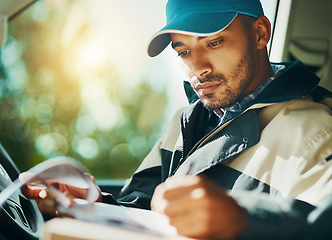 Image showing Writing, delivery and checklist with man in van for courier, logistics and shipping. Ecommerce, export and distribution with male postman in vehicle for mail, package and cargo shipment