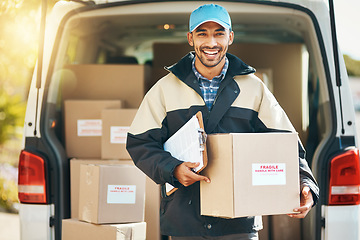 Image showing Portrait, delivery and checklist with man and box for courier, logistics and shipping service. Ecommerce, export and freight distribution with postman in vehicle for mail, package and cargo shipment