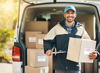 Image showing Smile, delivery and box with portrait of man at van for courier, logistics and shipping. Ecommerce, export and distribution with male postman in vehicle for mail, package and cargo shipment