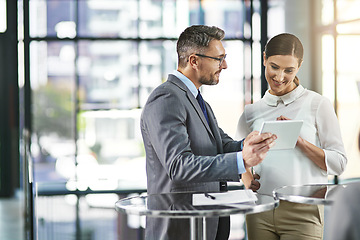 Image showing Tablet, coaching and meeting with business people in office for discussion, communication and online. Digital collaboration, app and corporate employees planning on technology, teamwork and review