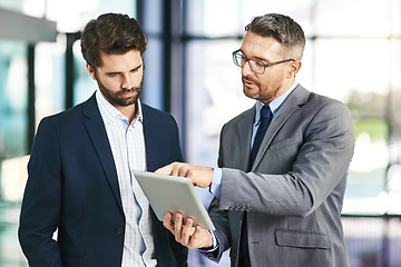 Image showing Tablet, coaching and planning with business people in meeting for networking, communication and review. Idea, collaboration and corporate with employees for partnership, teamwork and mentor