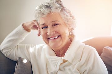 Image showing Relax, smile and portrait of old woman on sofa for free time, happiness and weekend. Retirement, happy and mindset with senior person in living room at home for elderly, positive and carefree