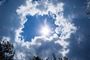 Image showing sky background. sun, clouds and trees background