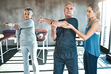 Image showing Stretching, physical therapy and old man with personal trainer for fitness, wellness or helping. Health, workout or retirement with senior patient and physiotherapist in class for warm up training