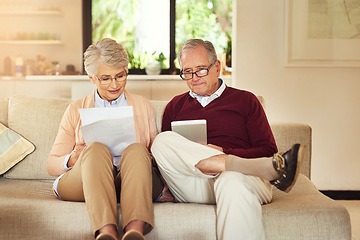 Image showing Finance, insurance and accounting with an old couple in their home for retirement or pension planning. Budget, money or investment with a senior man and woman in their house for financial strategy