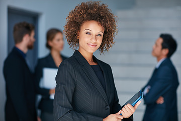 Image showing Business, portrait and woman with digital tablet in office for meeting, planning or briefing with team. Face, leader and African lady person online for schedule, management and proposal, plan or goal