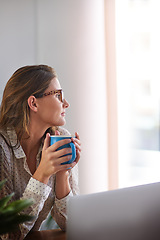 Image showing Coffee, thinking and woman in home office with laptop, daydreaming and enjoy peaceful remote work break. Freelance, relax and female person with tea while working online on proposal plan or project