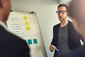 Image showing Web design, manager with team, man and a whiteboard planning in a business meeting in modern office or startup together. Teamwork or collaboration, developer group or ideas and colleagues in workshop