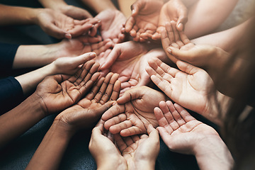 Image showing People, hands and team with circle palm for growing in a start up in a community with trust. Group, diversity and hand for a contribution in business for growth and concept of protection and care.