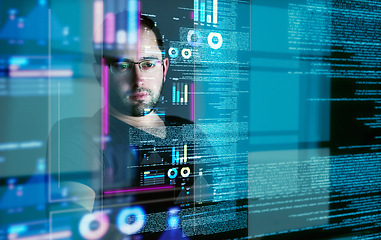 Image showing Focus, programming man with hologram, code and futuristic with cyber security, digital software and big data. Male person, cloud computing or employee with concentration, holographic and programmer