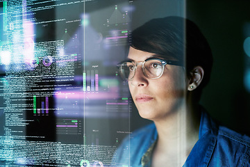 Image showing Night, code and hologram with woman in office for programming, future and software development. Big data, networking and technology with female developer for cloud computing, programmer and coding