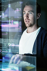 Image showing Focus, man and programmer with hologram, cyber security and futuristic with digital software, research and data analytics. Male person, employee and consultant typing, holographic and programming