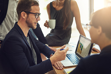 Image showing Laptop screen, graphs and business people in meeting for data analysis, financial report and company growth or revenue. Increase, accounting stats or finance of accountant man and clients on computer