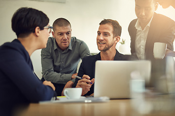 Image showing Business meeting, laptop and happy people, manager or group discussion, feedback and office teamwork or planning. Professional man, woman or employees talking of ideas, advice for website on computer