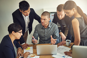 Image showing Business meeting, laptop and people or manager in group discussion, project ideas with workflow agenda and teamwork. Professional man, woman or employees talking of marketing for website on computer