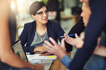 Image showing Woman, group and staff in a meeting, brainstorming and budget planning for growth, finance and investment. Female person, coworkers or team with profit growth, boardroom or trading with collaboration