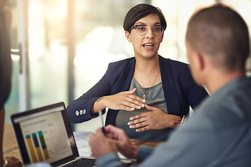 Image showing Computer screen, graphs and business woman for data analysis meeting, financial report or b2b advice for revenue. Increase, accounting stats or finance sales of accountant people or clients on laptop