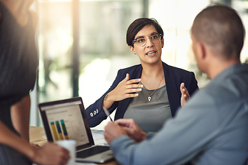 Image showing Laptop screen, graphs and business woman for data analysis meeting, financial report or b2b advice for revenue. Increase, accounting stats or finance sales of accountant people or clients on computer