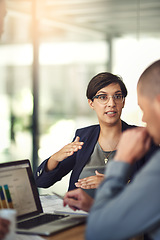 Image showing Meeting, graphs and business people on laptop screen for data analysis, financial revenue report or b2b advice. Increase, accounting stats or finance sales of accountant woman and clients on computer