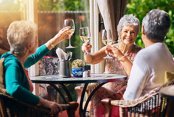 Image showing Cheers, champagne and senior women or friends in retirement, reunion or social celebration, success and happy. Wine glasses, celebrate and elderly people or customer toast, restaurant and hospitality