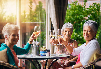 Image showing Toast, wine and portrait of senior women or friends in retirement, reunion or social celebration, success and happy. Champagne glasses, celebrate and elderly people cheers, restaurant and hospitality