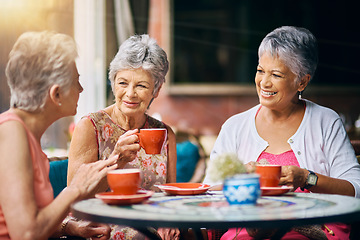 Image showing Coffee shop, happy and senior women talking, discussion and having friends reunion, retirement chat or social group. Restaurant, tea and elderly people in conversation for pension, discount and cafe