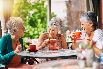 Image showing Coffee shop, funny and senior women talking, laughing and having friends reunion, retirement chat or social group. Restaurant, tea and elderly people in happy conversation for pension or cafe cafe