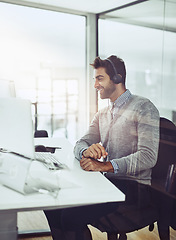 Image showing Call center, man and happy conversation in office or consultant in talking with a client, customer support or employee on computer. Contact us, businessman or communication for help, crm or service