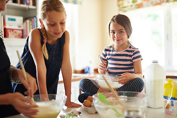 Image showing Parent, portrait or happy kids baking in kitchen as a family with siblings learning cookies recipe at home. Girl, cooking or baker helping or teaching children to bake together for child development