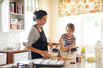 Image showing Mother, cooking or girl baking in kitchen as a family with a young kid learning cookies recipe at home. Cake pastry, baker or happy mother helping or teaching daughter to bake for child development