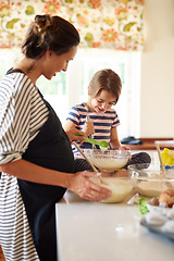 Image showing Mom, pregnant or girl baking in kitchen as a happy family with a kid learning cookies or cake recipe at home. Maternity, cooking or mother baker helping or teaching child to bake for development