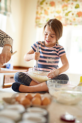 Image showing Parent, girl or happy kid baking in kitchen as a family for learning cookies pastry or food recipe at home. Mixing, cooking or baker helping or teaching child to bake for skills development growth