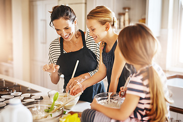 Image showing Mother, happy family or kids baking in kitchen with siblings learning cookies recipe or mixing pastry. Laughing, funny or mom helping or teaching children to bake together for cooking skills at home