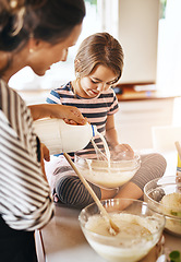 Image showing Mother, milk or girl baking in kitchen as a happy family with a kid learning cookies or cake recipe at home. Smile, cooking or mother baker helping or teaching daughter to bake for child development