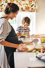 Image showing Mother, pregnant or girl baking in kitchen as a happy family with a kid learning cookies or cake recipe at home. Maternity, cooking or mother baker helping or teaching child to bake for development