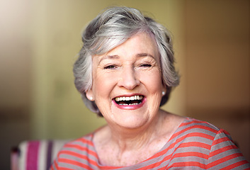 Image showing Portrait, nursing home and happy senior woman in living room, laughing in house or relax in retirement. Elderly lady, happiness and healthy person laughing at funny, joke or freedom of retired life